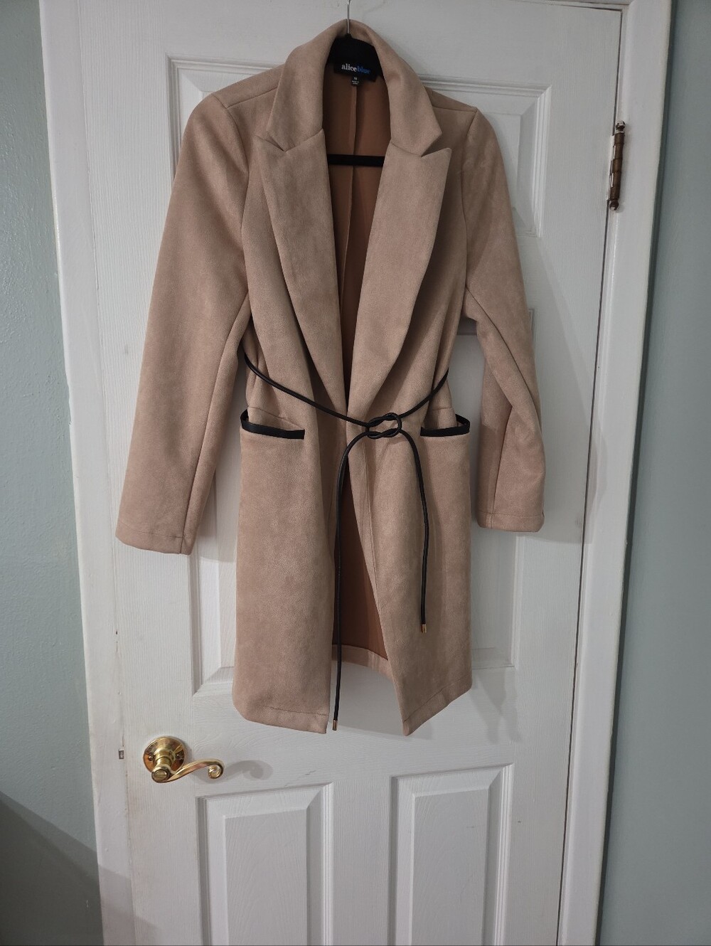 Alice Blue Faux Suede  Tan Trench Coat with Black Trim and Tie Belt.  M